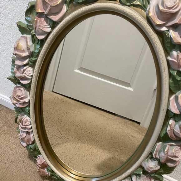Vintage Home Interiors Shabby Chic Pink Gold Floral Oval Wall Mirror 27”x 20” - Picture 4 of 14